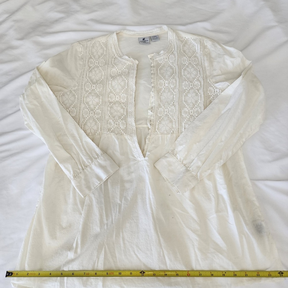 L CARIBBEAN JOE Long Cotton Boho Tunic Peasant Top Ivory Eyelet Clasp Babydoll